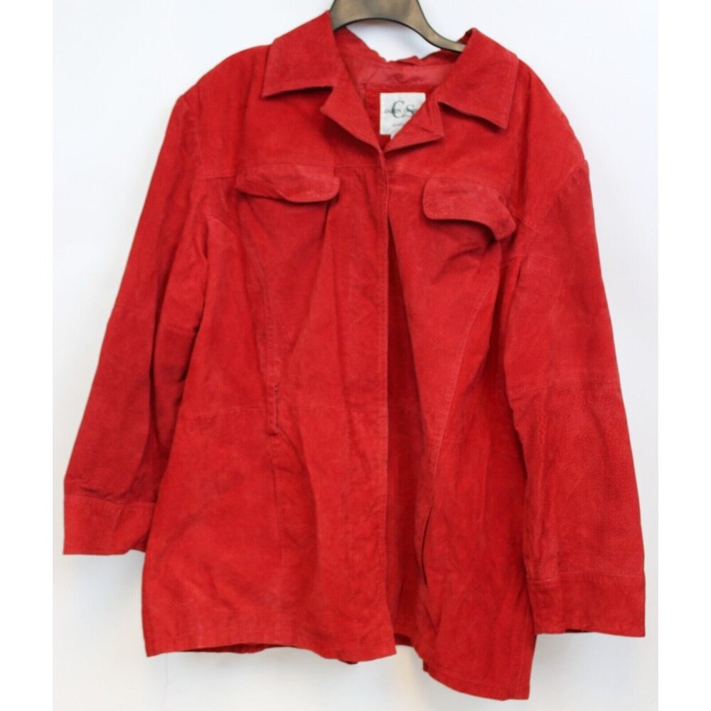 Caren Sport Women Red Leather Suede 3X Long shirt Jacket Chest Pockets